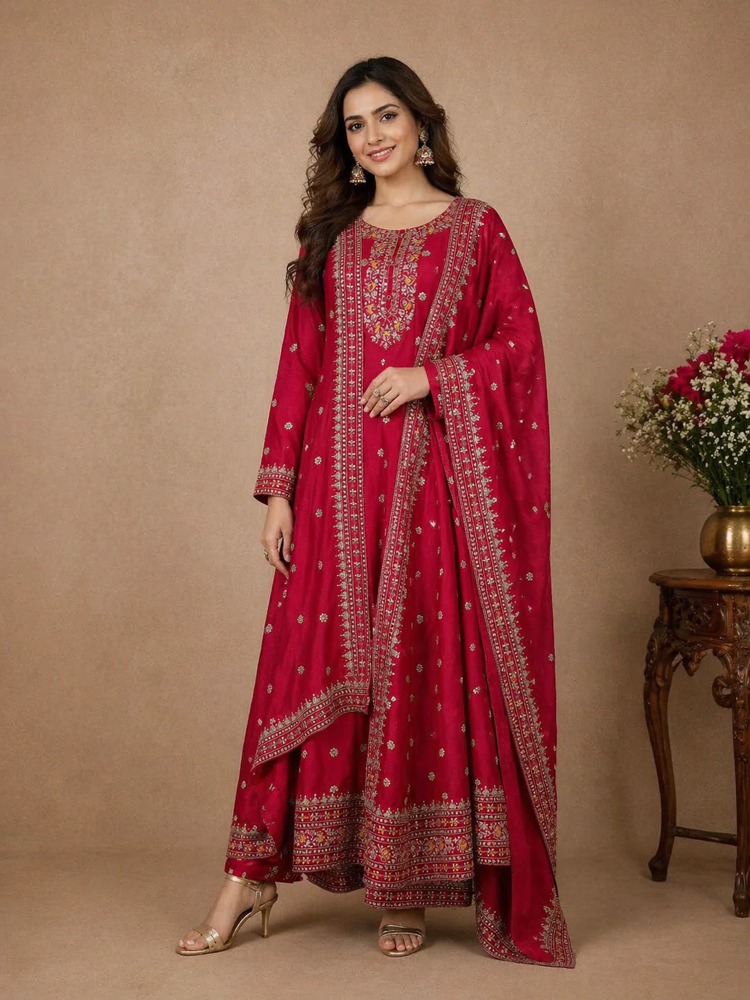 Pink Embroidered Designed Crepe Anarkali Salwar Suit